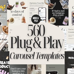 May include: A collage of social media marketing templates with the text "560 Plug & Play Carousel Templates." The image includes various mockups of Instagram posts, coffee, and other lifestyle elements. The overall theme is content creation.