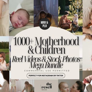 以下が含まれることがあります： 母親と子供たちの画像コラージュ。「1000+ Motherhood & Children Reel Videos & Stock Photos Mega Bundle」と書かれたテキスト。赤ちゃん、母親と子供、その他の家族の瞬間を含む画像。