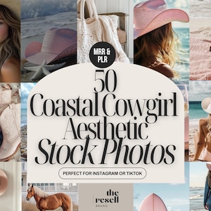 50 Pink Coastal Cowgirl Aesthetic Stock Images | Editable Canva Template | PLR + MRR | Faceless Beach Western Photo Pack