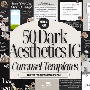 May include: A digital collage featuring social media templates with a dark aesthetic. The main text states "50 Dark Aesthetics IG Carousel Templates". The image incorporates various graphics and text elements related to virtual assisting and online business.