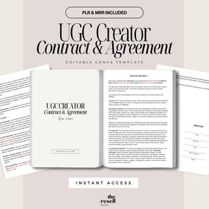 May include: A digital template for a UGC Creator Contract & Agreement. The cover features the title in elegant black script on a white background. The open book displays the contract details, with additional pages visible.