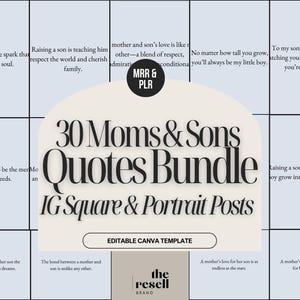 May include: A digital product bundle featuring 30 quotes about mothers and sons, designed for Instagram square and portrait posts. The design includes a grid layout with quotes and the text "30 Moms & Sons Quotes Bundle".