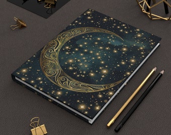 Celestial Journal | Golden Moon Hardcover Journal | Crescent Moon Dream Journal | Golden Night Sky | Stars | Whimsical Manifestation Journal