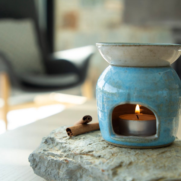 Handmade Ceramic Oil Burner for Essential Oils And Wax Melts | Create Your Own Spa Aromatherapy at Home | Stoneware Oil Burner in Blue