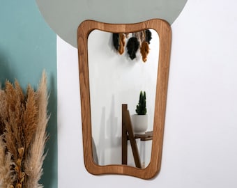 Italian Mirror With Framed , Unique walnut and Oak Mirror , Aesthetic Wall Mirror ,  Wooden Bathroom Mirror , Butterfly Irregular Mirror