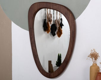 Asymmetric Walnut Wood Wall Mirror, Irregular Home Decor