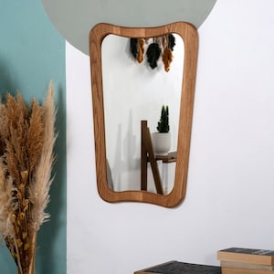Italian Mirror With Framed , Unique walnut and Oak Mirror , Aesthetic Wall Mirror ,  Wooden Bathroom Mirror , Butterfly Irregular Mirror