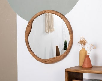 Handmade Wood Framed Mirror , Real American Walnut , Round Wall Mirror , White Oak Wall Mirror , Unique Wood Mirror , Elegant Bedroom Mirror