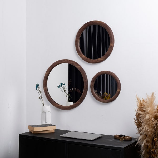 Miroir rond en noyer avec cadre, Miroir exclusif en chêne blanc, Miroir organique unique, Miroir naturel pour salle de bain, Miroir en bois pour maison moderne