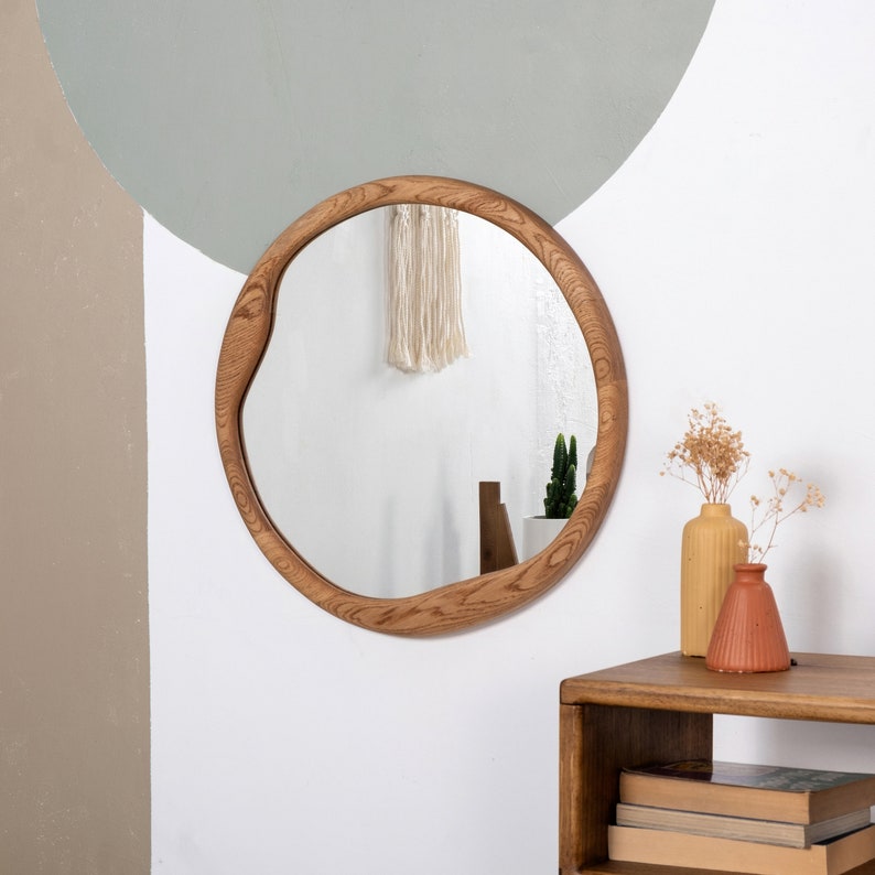 Walnut Wall Mirror , Wood Round Mirror , Aesthetic Mirror , Entryway Mirror , Abstract Mirror , Modern Home Mirror , Unique Bathroom Mirror image 6