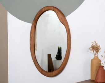 Witte eiken spiegel, echte Amerikaanse walnoot spiegel, houten frame spiegel, organische spiegel, Mid Century spiegel, boerderij spiegel, ovale spiegel