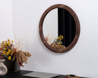 Handmade Round Wood Mirror Set with White Oak and Walnut Accents , Round Mirror with Walnut Frame , Organic Mirror , Walnut Handmade Mirror