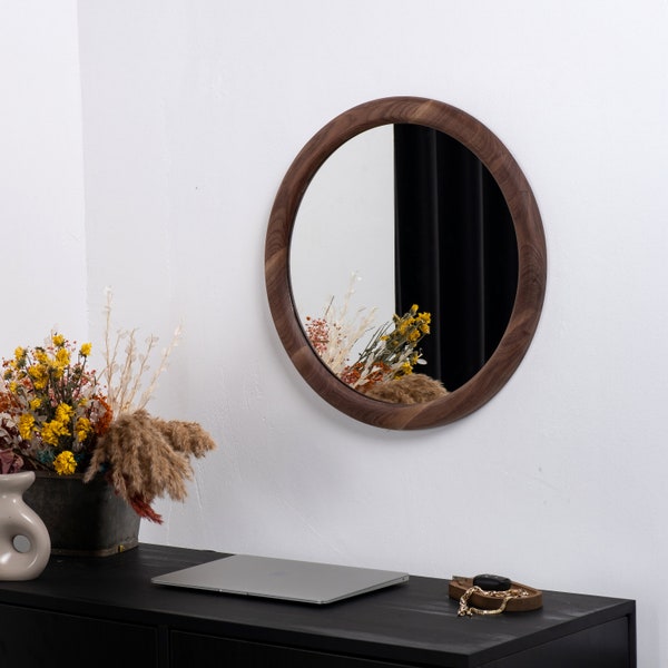 Handmade Round Wood Mirror Set with White Oak and Walnut Accents , Round Mirror with Walnut Frame , Organic Mirror , Walnut Handmade Mirror