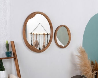 Special Design Round Mirror , Mirror With Wood Frame , Rustic Wood Mirror , Modern Walnut Mirror , White Oak Mirror , Unique Bedroom Mirror