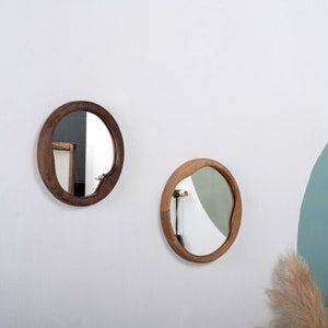 Walnut Wall Mirror , Wood Round Mirror , Aesthetic Mirror , Entryway Mirror , Abstract Mirror , Modern Home Mirror , Unique Bathroom Mirror image 7