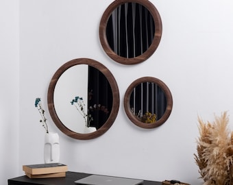 Round Walnut & White Oak Mirror: Modern Wood Frame, Bathroom Decor