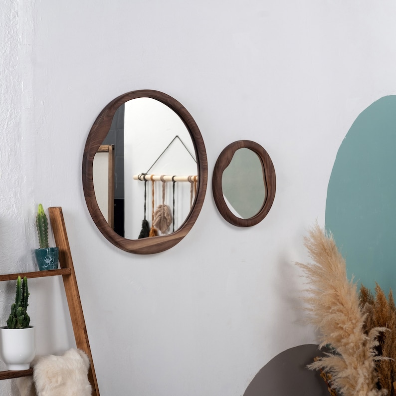 Walnut Wall Mirror , Wood Round Mirror , Aesthetic Mirror , Entryway Mirror , Abstract Mirror , Modern Home Mirror , Unique Bathroom Mirror image 3