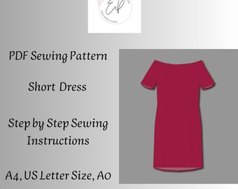 Patrón de costura de vestido corto, Patrón imprimible de costura en PDF de mujer, Patrones de tallas grandes, Instrucciones de costura paso a paso, Descarga instantánea.