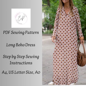 Puede incluir: Un vestido largo bohemio con un estampado geométrico en marrón, blanco y azul marino. El vestido tiene mangas largas y cuello en V. La imagen también incluye el texto "PDF Sewing Pattern", "Long Boho Dress" y "Step by Step Sewing Instructions".