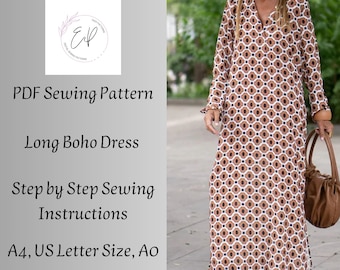 Boho lange jurk naaipatroon - afdrukbare PDF voor dames, plus maten inbegrepen, DIY Boho mouwjurk. Naai-instructies.