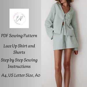 Op de afbeelding: Een PDF-naaipatroon voor een shirt met veters en een short. Het patroon bevat stap-voor-stap instructies en is beschikbaar in A4, US Letter formaat en AO.