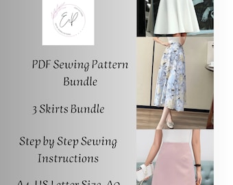 May include: A digital sewing pattern bundle for three skirts. The image shows three different skirts: a white A-line skirt, a floral print midi skirt, and a pink mini skirt. The text on the image reads "PDF Sewing Pattern Bundle", "3 Skirts Bundle", "Step by Step Sewing Instructions", and "A4, US Letter Size, Ao".
