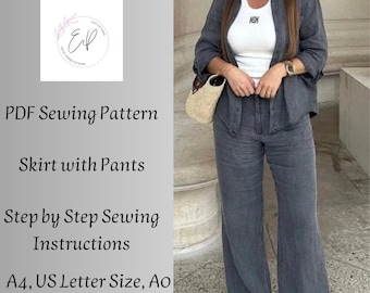 Wide Woman Pants and Shirt Sewing pattern,Woman PDF sewing printable pattern, Boho Sewing Pattern,Large sizes,Instant Download.