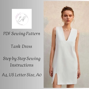 May include: A PDF sewing pattern for a white tank dress. The pattern includes step-by-step instructions and is available in A4 and US Letter sizes. The pattern is for a sleeveless dress with a V-neck and a side slit.