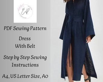 Long Dress/Coat With Belt Pattern pattern, Woman PDF sewing printable pattern, Plus sizes patterns, Dress Sewing Pattern.