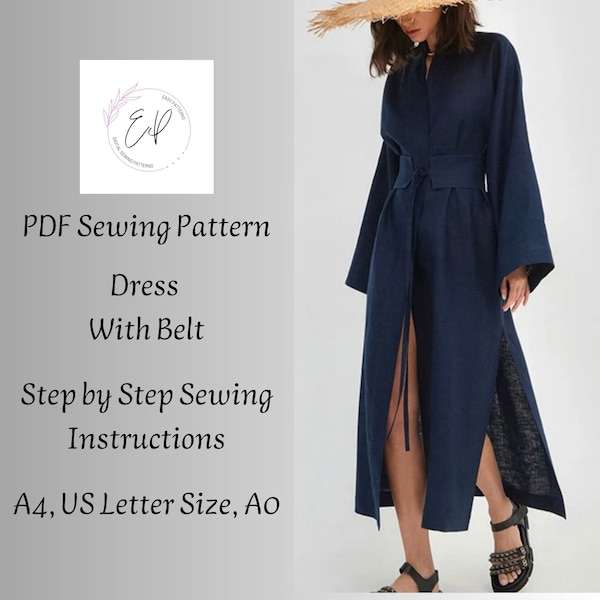 Long Dress/Coat With Belt Pattern pattern, Woman PDF sewing printable pattern, Plus sizes patterns, Dress Sewing Pattern.