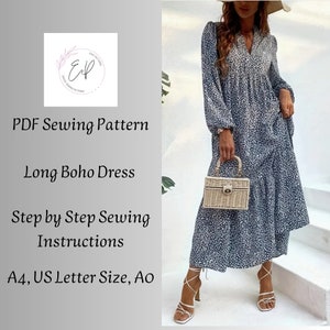 Boho Long Dress pattern, Woman PDF sewing printable pattern, Plus sizes patterns, Sewing Pattern, Long Sleeve Boho Dress pattern.