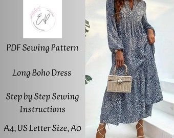 Modello per abito lungo Boho, modello stampabile per cucire PDF donna, modelli taglie forti, cartamodello per cucito, modello per abito Boho a maniche lunghe.