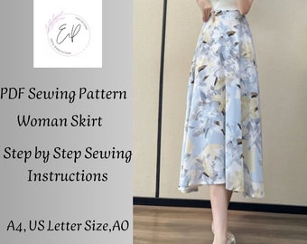 Woman Skirt Sewing pattern, Woman PDF sewing printable pattern, Plus sizes patterns, Sewing Pattern, Basic Long Summer Skirt Pattern.