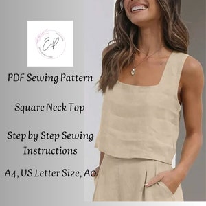 Modello di camicia estiva in lino con scollo quadrato, modello di cucito PDF stampabile per donna, modelli per taglie forti, modello di cucito, modello di camicia.