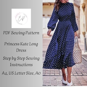 Long Dress Sewing pattern, Woman PDF sewing printable pattern, Plus sizes patterns, Sewing Pattern, Long Princess Kate Dress pattern.