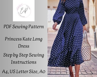 Long Dress Sewing pattern, Woman PDF sewing printable pattern, Plus sizes patterns, Sewing Pattern, Long Princess Kate Dress pattern.