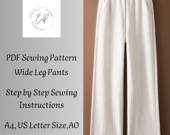 Wide Leg Woman Pants Sewing pattern, Woman PDF sewing printable pattern, Large sizes patterns, Easy to make, Instant Download.