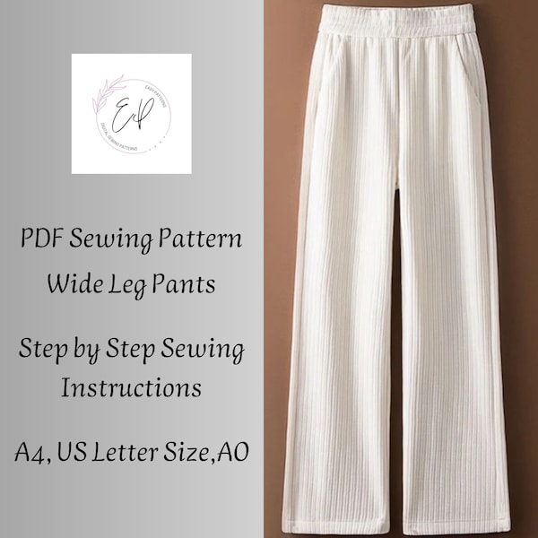 Patrón de costura Pantalón Pierna Ancha Mujer, Patrón de costura PDF mujer imprimible, Patrones tallas grandes, Fácil de hacer, Descarga Instantánea.