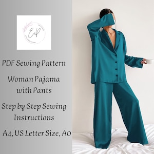 Modello di cucito per pantaloni e camicia larghi da donna, modello di cucito da donna in formato PDF stampabile, modello di cucito per pantaloni e camicetta, taglie grandi, modello di pigiama.