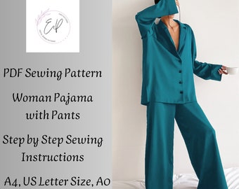 Patrón de costura pantalones y camisa ancha mujer, Patrón de costura PDF imprimible mujer, Patrón de costura pantalones y blusa, Tallas grandes, Patrón pijama.