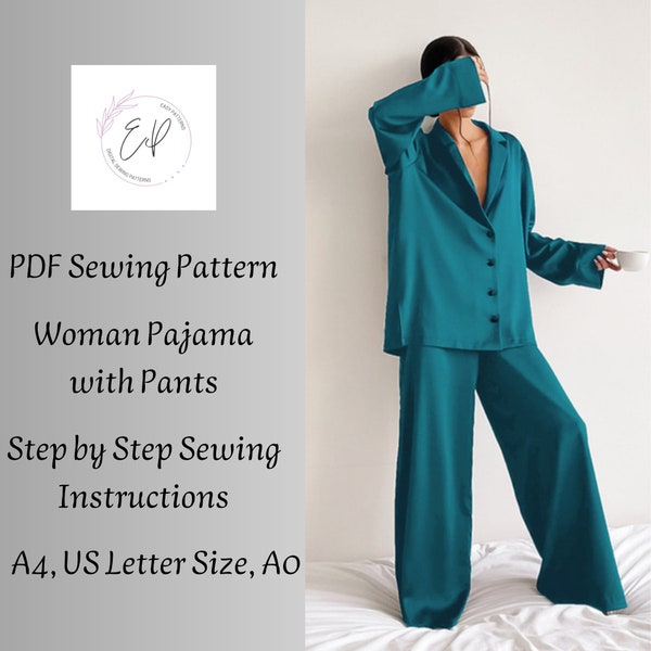 Wide Woman Pants and Shirt Sewing pattern,Woman PDF sewing printable pattern, Pants and Blouse Sewing Pattern,Large sizes,Pyjama Pattern.