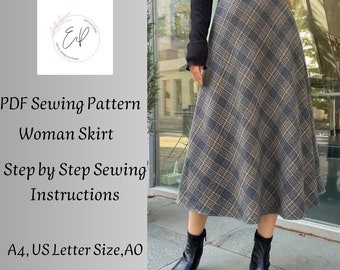 Woman Skirt Sewing pattern, Woman PDF sewing printable pattern, Plus sizes patterns, Sewing Pattern, Silk Skirt Pattern, Long Skirt Pattern.