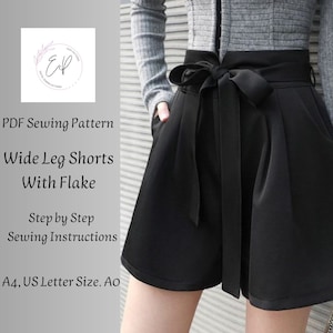 Wide Leg Woman Shorts with Flake Sewing pattern, Woman PDF sewing printable pattern, Large sizes patterns, Easy to make, Instant Download.