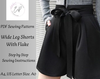 Wide Leg Woman Shorts with Flake Sewing pattern, Woman PDF sewing printable pattern, Large sizes patterns, Easy to make, Instant Download.
