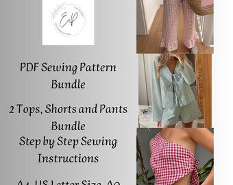 May include: A digital sewing pattern bundle featuring two tops, shorts, and pants. The image includes examples of the finished garments in various styles and colors, including a gingham print. The pattern offers step-by-step sewing instructions and is available in A4 and US Letter sizes.