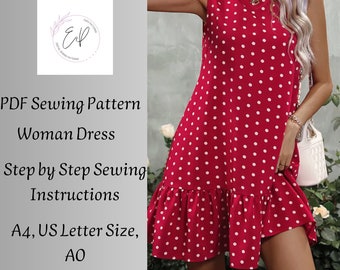 Short Summer Dress pattern, Woman PDF sewing printable pattern, Plus sizes patterns, Sewing Pattern, Dress pattern.