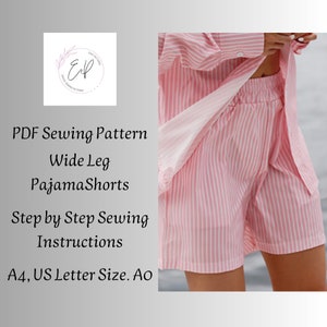 Patrón de costura Pantalón Corto Pijama Mujer Pierna Ancha, Patrón de costura mujer PDF imprimible, Patrones tallas grandes, Fácil de hacer, Descarga Instantánea. imagen 1