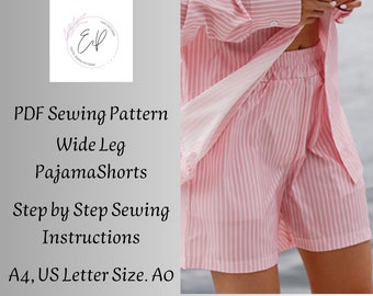 Wide Leg Woman Pajama Shorts Sewing pattern, Woman PDF sewing printable pattern, Large sizes patterns, Easy to make, Instant Download.