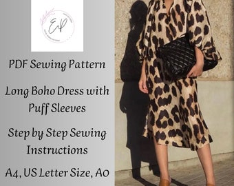 Boho Long Dress pattern, Woman PDF sewing printable pattern, Plus sizes patterns, Sewing Pattern, Puff Sleeve Boho Dress pattern.