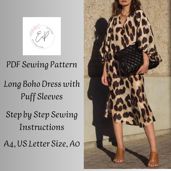 Boho Long Dress pattern, Woman PDF sewing printable pattern, Plus sizes patterns, Sewing Pattern, Puff Sleeve Boho Dress pattern.